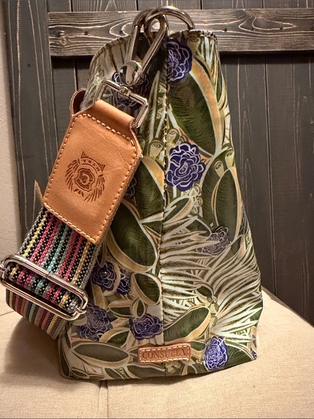 Consuela Green Floral Canvas Tote with Tan Leather and Multicolor Strap - Picture 3 of 4